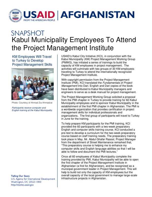 USAID's Kabul City Initiative (KCI) Capacity Building for Kabul Municipality Employees in Project Management