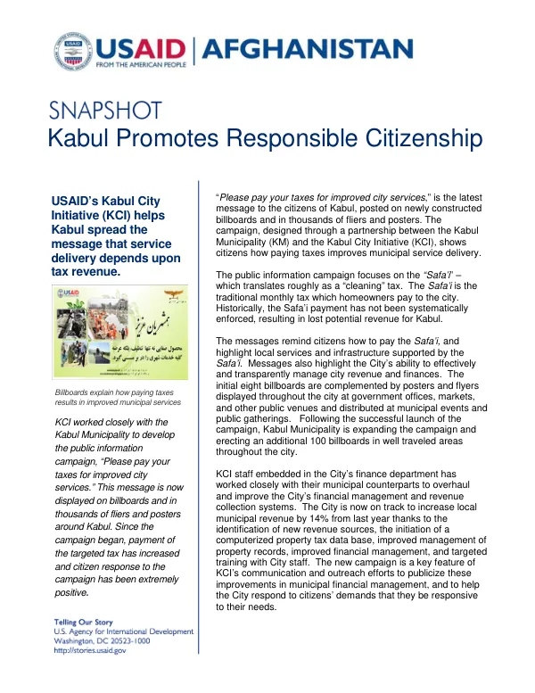 USAID's Kabul City Initiative (KCI) Promotes Responsible Citizenship