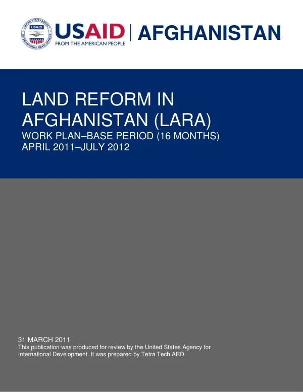 USAID/AFGHANISTAN LARA: WORK PLAN–BASE PERIOD (16 MONTHS)