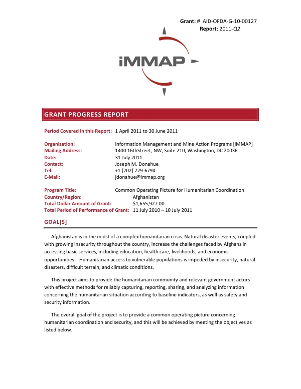 Grant Progress Report: 2011-Q2 for AID-OFDA-G-10-00127