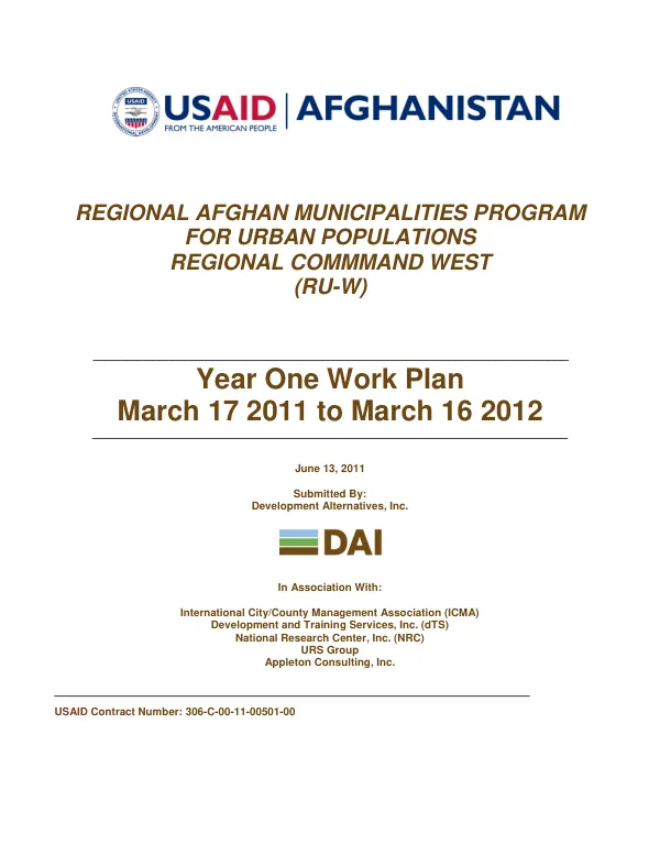 Regional Afghan Municipalities Program for Urban Populations: RAMP UP Base Year (Year 1) Work Plan