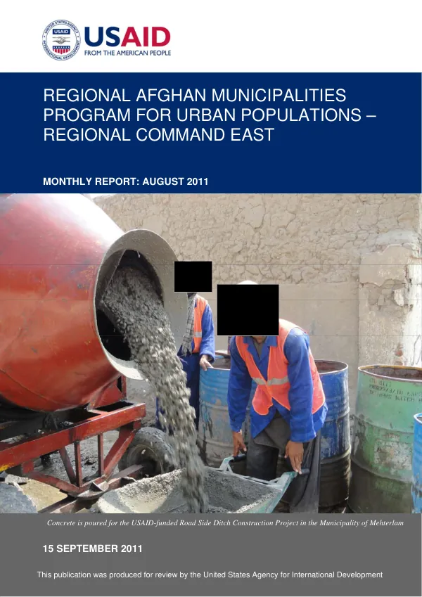 Regional Afghan Municipalities Program for Urban Populations – Regional Command East Monthly Report: August 2011
