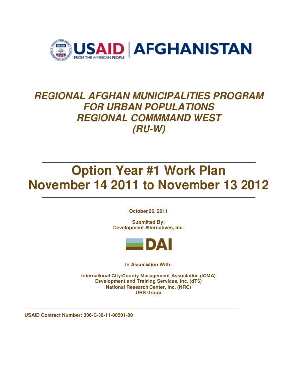 Regional Afghan Municipalities Program for Urban Populations: RAMP UP Option Year 1 (Year 2) Work Plan