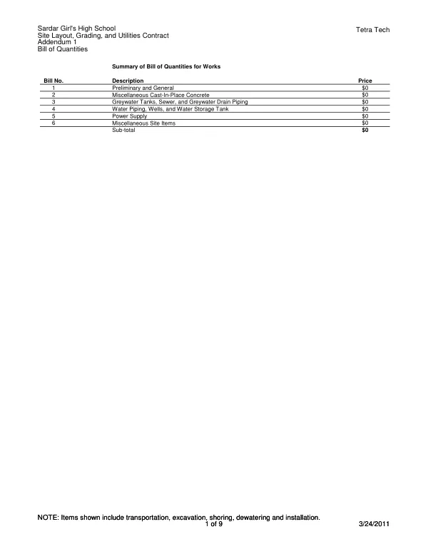 Site Layout, Grading, and Utilities Contract Addendum 1 Bill of Quantities