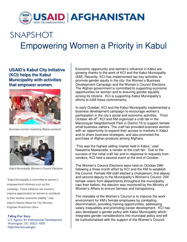 Empowering Women a Priority in Kabul: USAID’s Kabul City Initiative