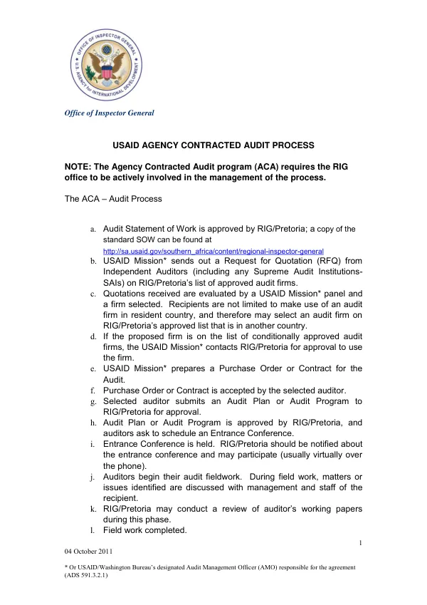 USAID AGENCY CONTRACTED AUDIT PROCESS