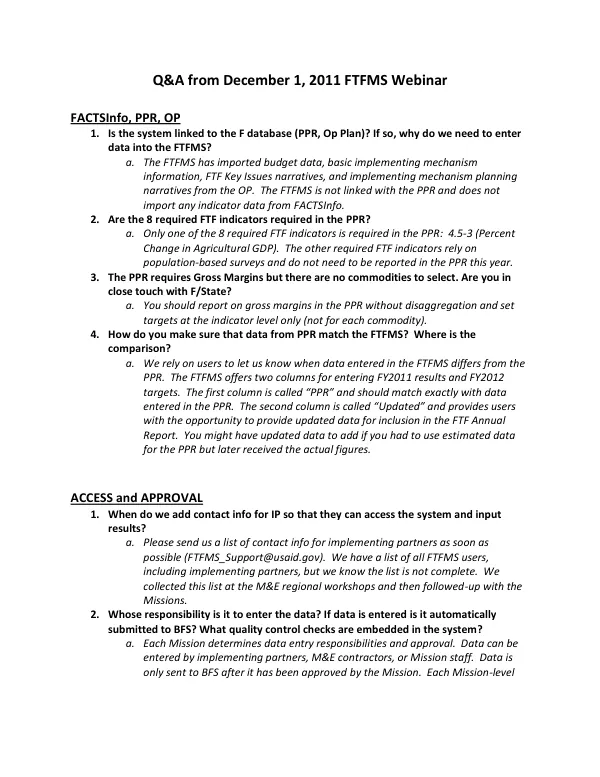 Q&A from December 1, 2011 FTFMS Webinar