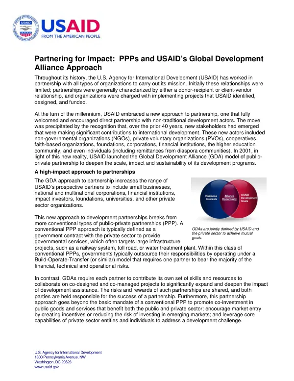 Partnering for Impact: PPPs and USAID’s Global Development Alliance Approach