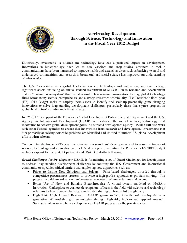 Accelerating Development through Science, Technology and Innovation in the Fiscal Year 2012 Budget