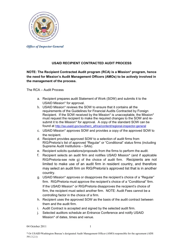 USAID Recipient Contracted Audit Process
