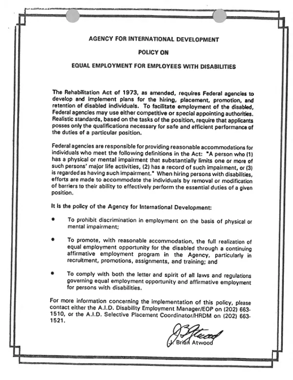 AGENCY FOR INTERNATIONAL DEVELOPMENT POLICY ON EQUAL EMPLOYMENT FOR EMPLOYEES WITH DISABILITIES
