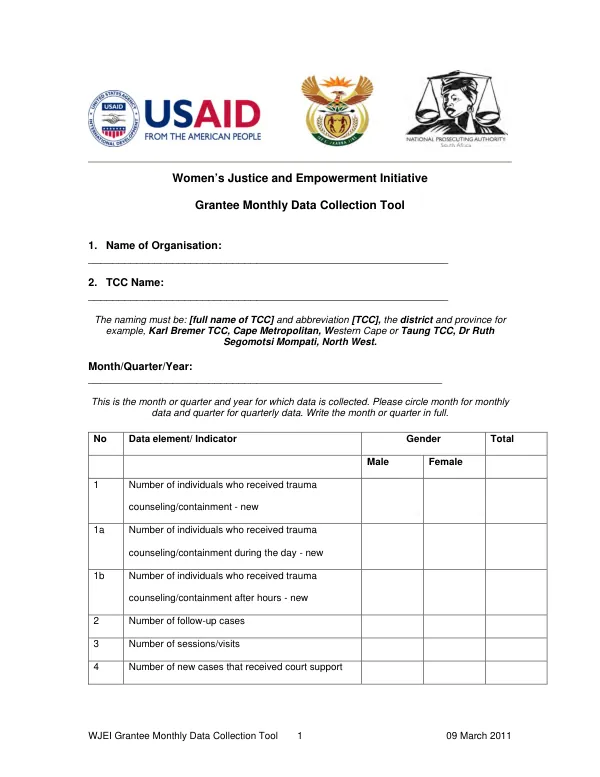 Women’s Justice and Empowerment Initiative Grantee Monthly Data Collection Tool
