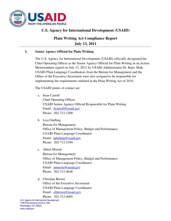 Plain Writing Act Compliance Report - July 13, 2011