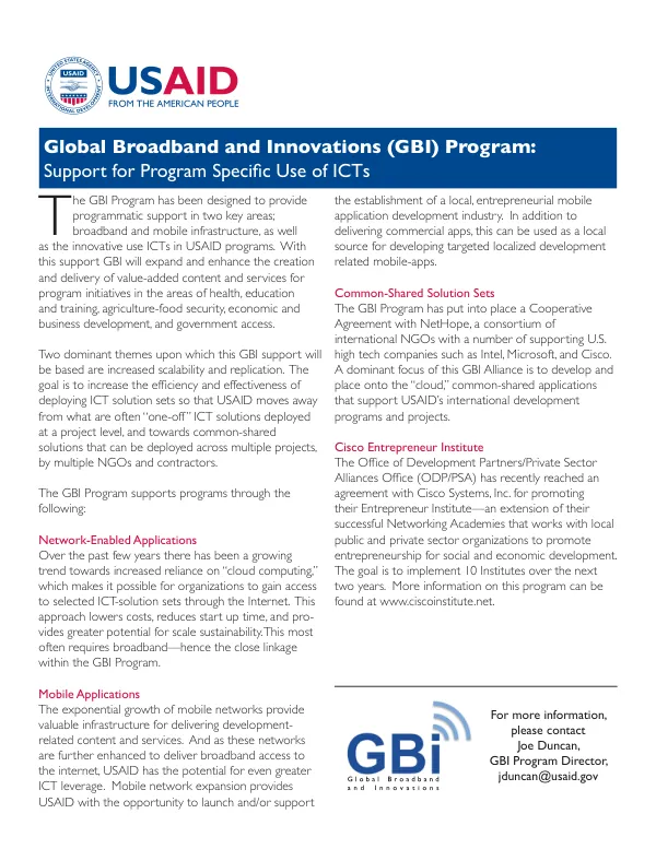 Global Broadband and Innovations (GBI) Program: Support for Program Specific Use of ICTs