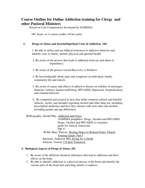 Course Outline for Online Addiction Training for Clergy and other Pastoral Ministers