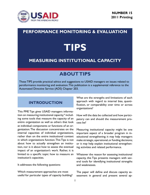 Performance Monitoring & Evaluation Tips: Measuring Institutional Capacity