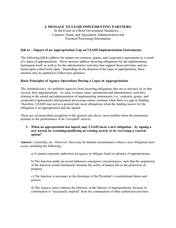 A MESSAGE TO USAID IMPLEMENTING PARTNERS: In the Event of a Brief Government Shutdown… Contract, Grant, and Agreement Administration and Payment Processing Information