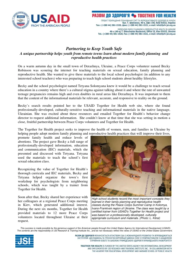 Partnering to Keep Youth Safe: A Unique Partnership Helps Youth from Remote Towns Learn about Modern Family Planning and Reproductive Health Practices
