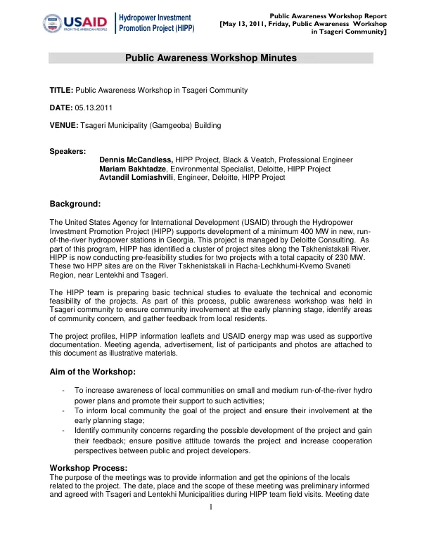Public Awareness Workshop Report: Hydropower Investment Promotion Project (HIPP) in Tsageri Community