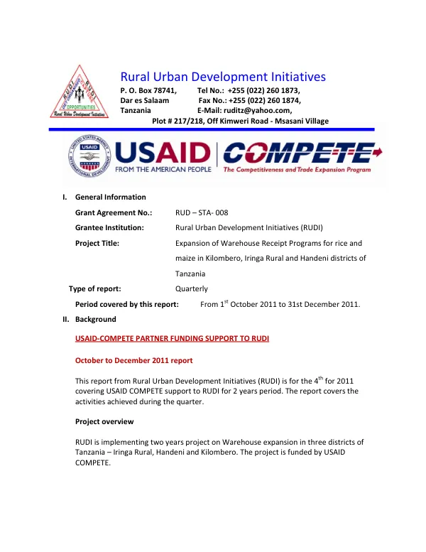 Expansion of Warehouse Receipt Programs for rice and maize in Kilombero, Iringa Rural and Handeni districts of Tanzania