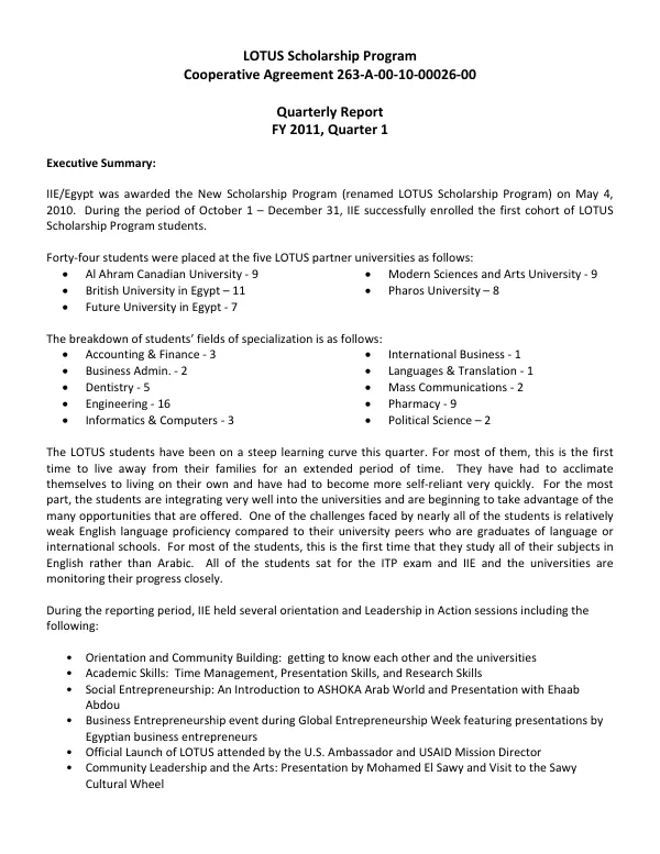 Quarterly Report FY 2011: LOTUS Scholarship Program