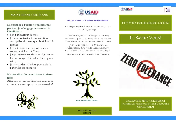 CAMPAGNE ZERO TOLERANCE CONTRE LES VIOLENCES EN MILIEU SCOLAIRE