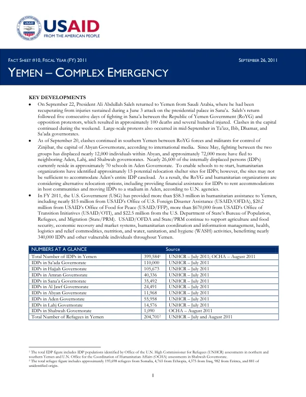 USAID-DCHA Yemen Complex Emergency Fact Sheet #10