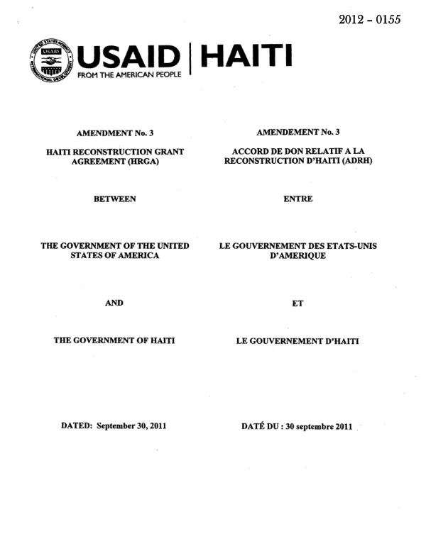 Amendment 3: Haiti Reconstruction Grant Agreement