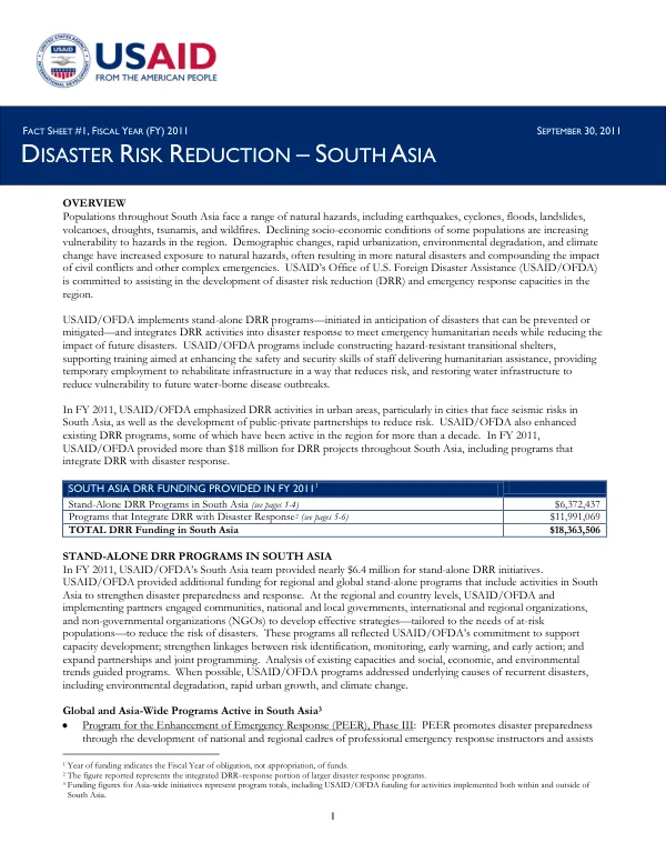 South Asia DRR Fact Sheet #1 - FY 2011