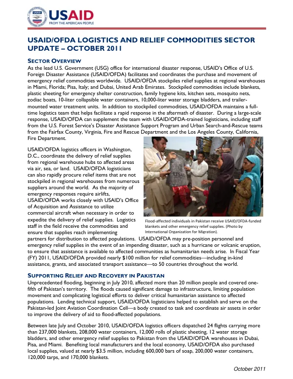 USAID/OFDA Logistics and Relief Commodities Sector Update October 2011