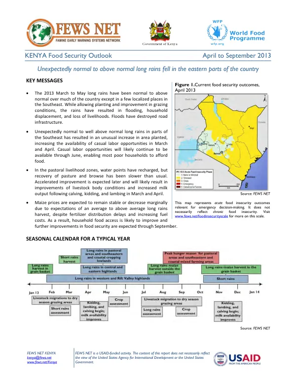 Kenya food security outlook, April to September 2013