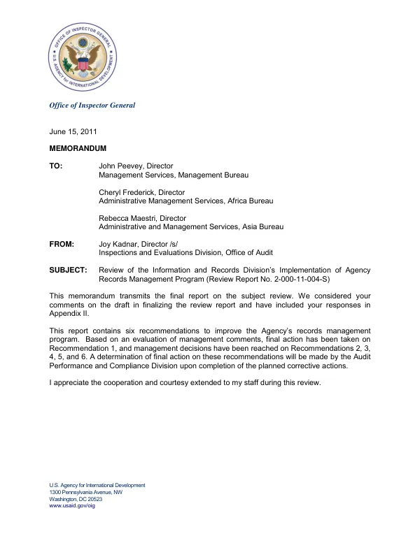 Review of the Information and Records Division's Implementation of Agency Records Management Program
