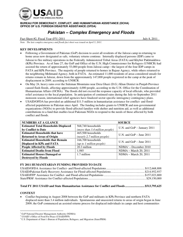 Pakistan Complex Emergency and Floods – July 8, 2011