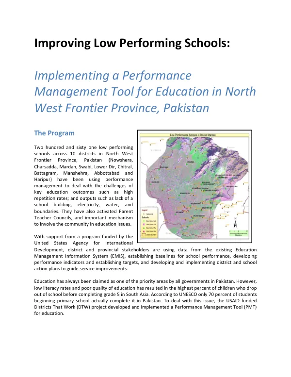 Improving Low Performing Schools: Implementing a Performance Management Tool for Education in North West Frontier Province, Pakistan