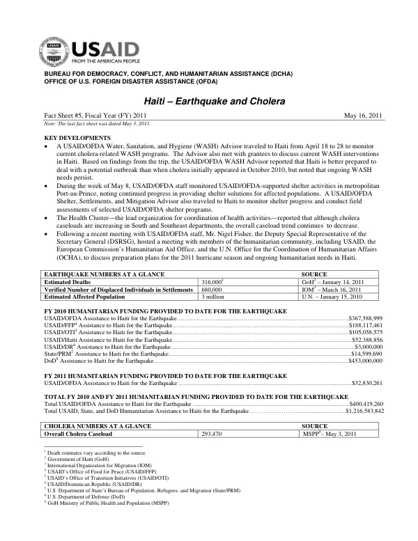 Haiti Earthquake and Cholera Fact Sheet #5 - FY 2011