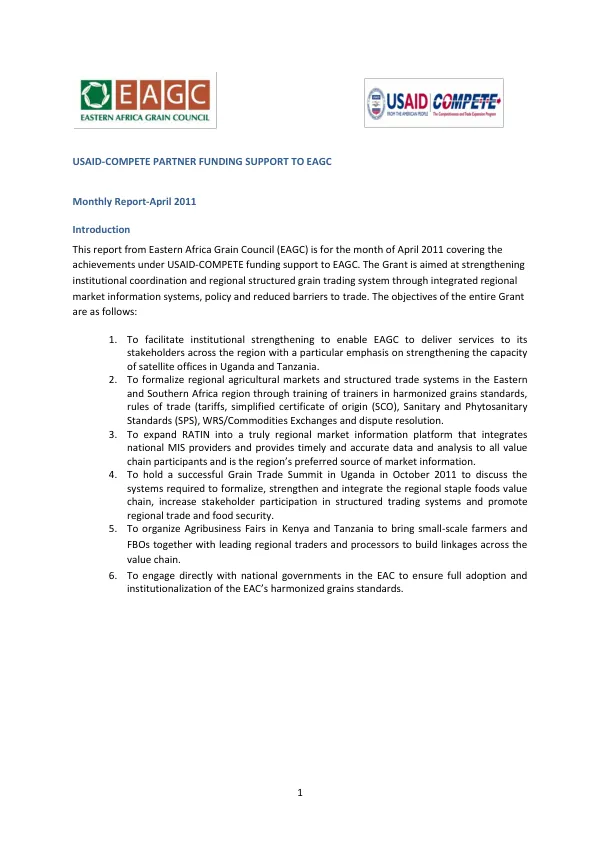 USAID-COMPETE Partner Funding Support to EAGC Monthly Report-April 2011
