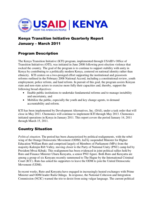 Kenya Transition Initiative Quarterly Report January – March 2011