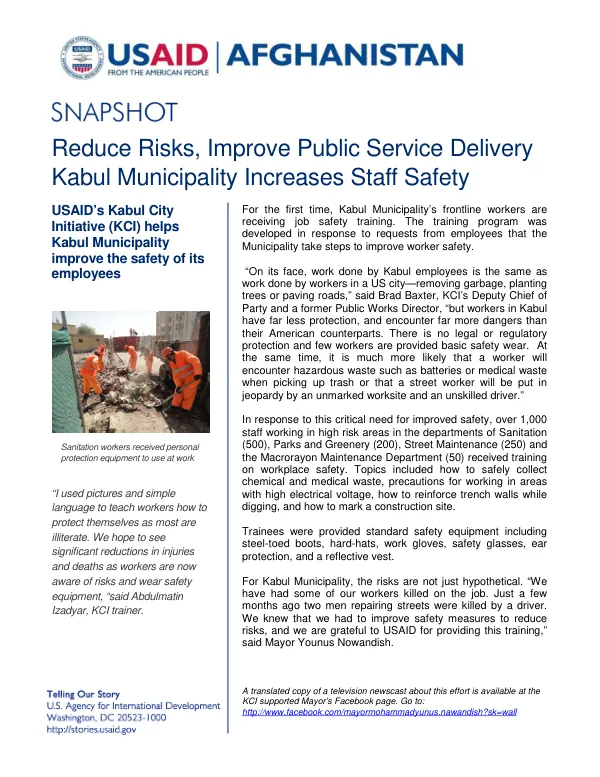 USAID's Kabul City Initiative Helps Kabul Municipality Improve Staff Safety