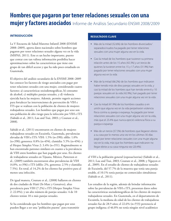 Hombres que pagaron por tener relaciones sexuales con una mujer y factores asociados Informe de Análisis Secundario ENSMI 2008/2009