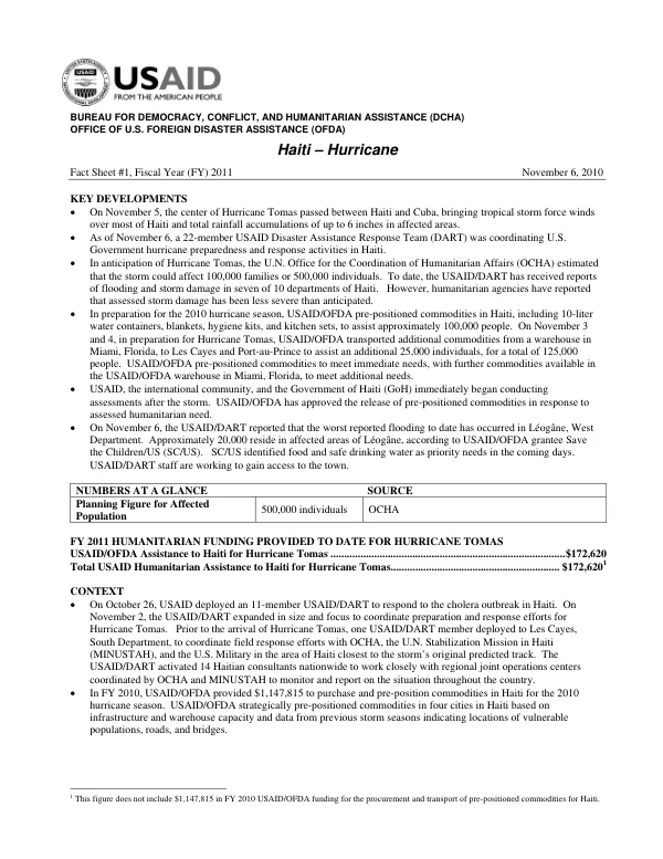 USAID-DCHA Haiti Hurricane Fact Sheet #1 FY2011