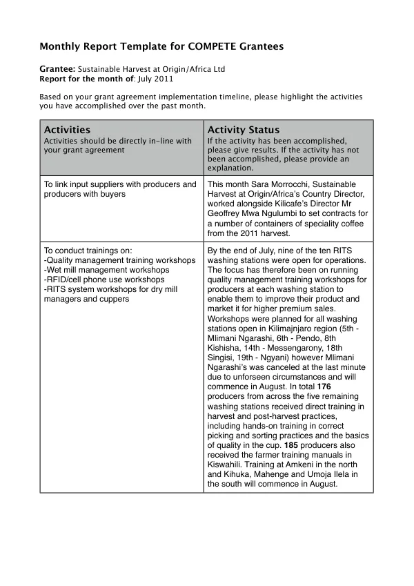 Monthly Report Template for COMPETE Grantees