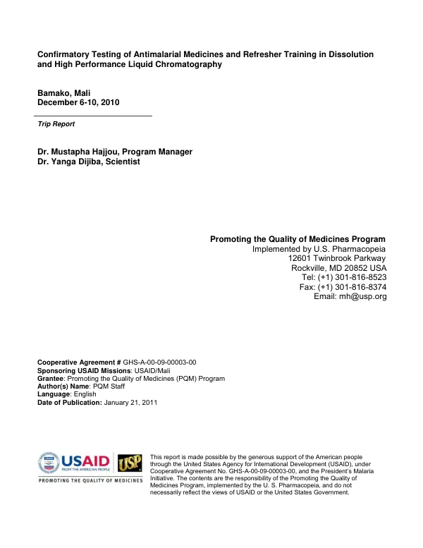 Confirmatory Testing of Antimalarial Medicines and Refresher Training in Dissolution and HPLC
