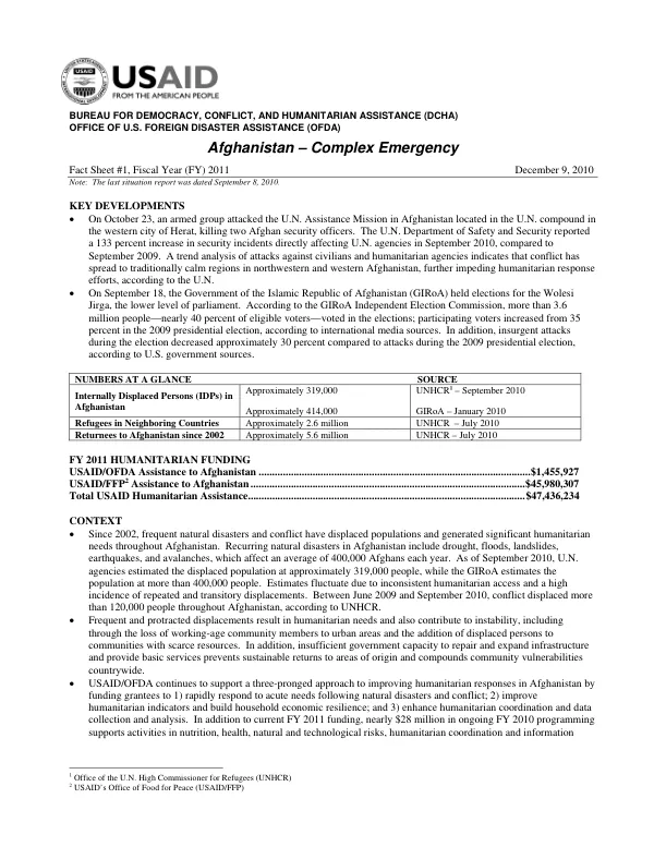 Afghanistan Complex Emergency Fact Sheet #1