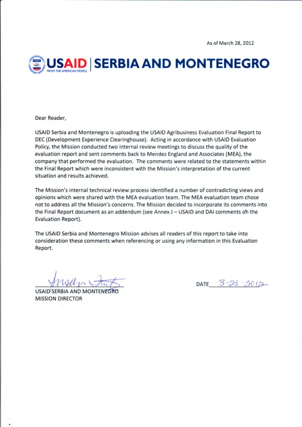 Serbia Agribusiness Project Evaluation