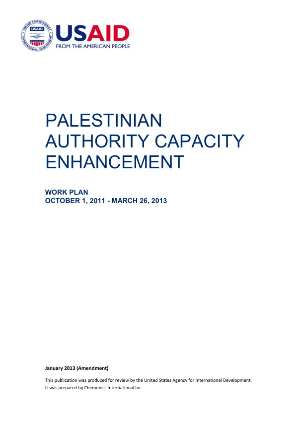 PALESTINIAN AUTHORITY CAPACITY ENHANCEMENT; WORK PLAN