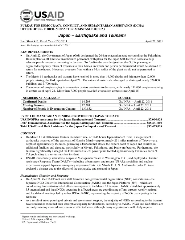 USAID-DCHA Japan EQ and Tsunami Fact Sheet #17
