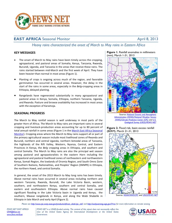 East Africa seasonal monitor, April 8, 2013