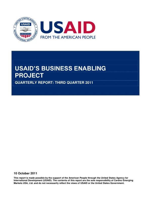 USAID’s Business Enabling Project Quarterly Report: Third Quarter 2011