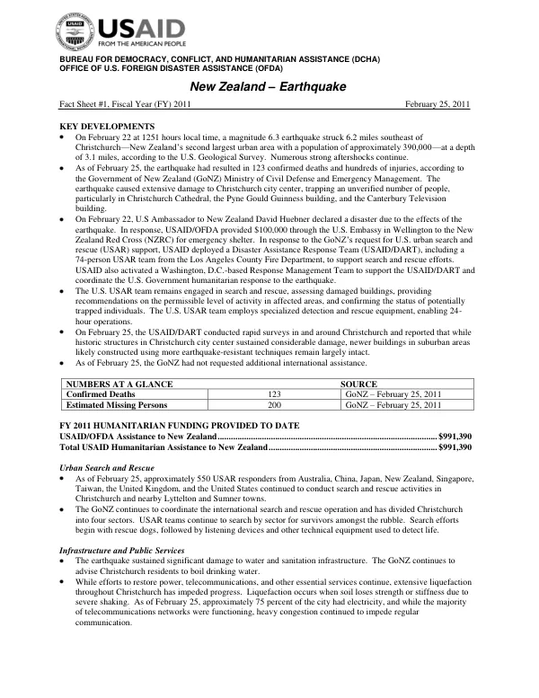 USAID/OFDA New Zealand Earthquake Fact Sheet #1 2/25/2011