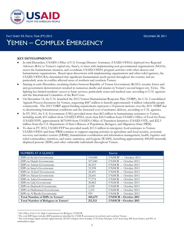 Yemen Complex Emergency FS#3 12-28-2011